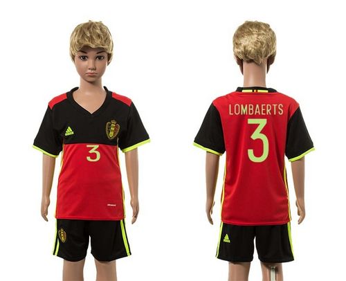 Belgium #3 Lombaerts Red Home Kid Soccer Country Jersey