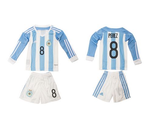 Argentina #8 Perez Home Long Sleeves Kid Soccer Country Jersey