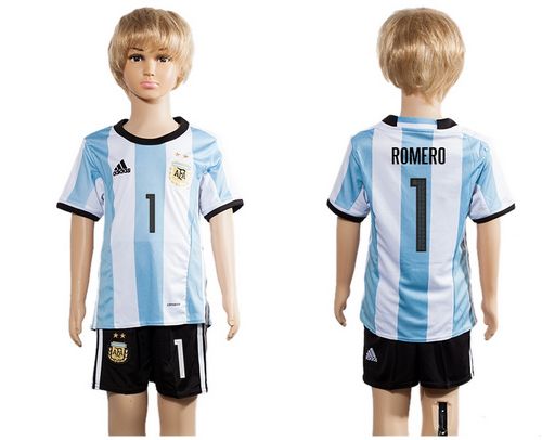 Argentina #1 Romero Home Kid Soccer Country Jersey