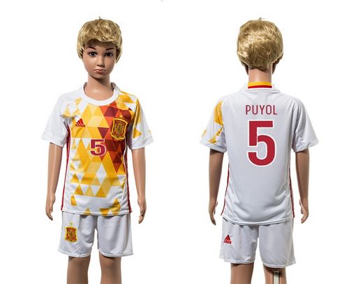 Spain #5 Puyol White Away Kid Soccer Country Jersey