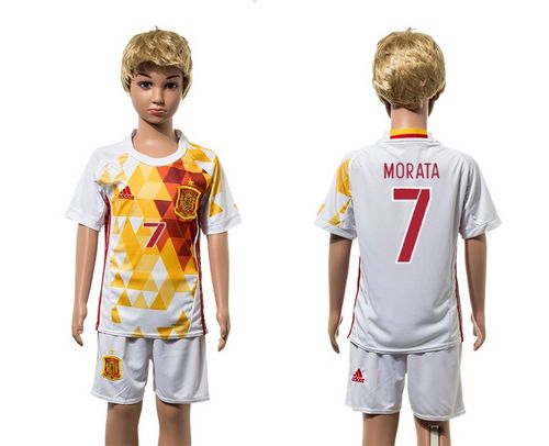Spain #7 Morata White Away Kid Soccer Country Jersey