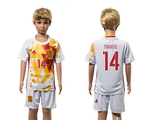 Spain #14 Thiago White Away Kid Soccer Country Jersey