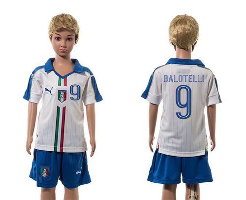 Italy #9 Balotelli White Away Kid Soccer Country Jersey