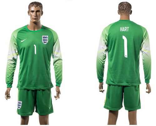 England #1 Hart Goalkeeper Green Long Sleeves Soccer Country Jersey