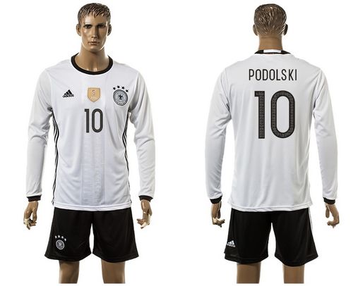 Germany #10 Podolski White Home Long Sleeves Soccer Country Jersey