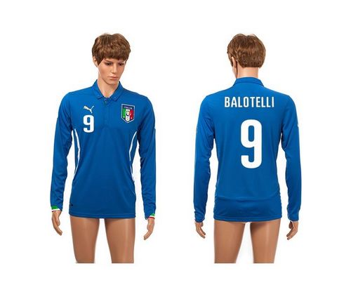 Italy #9 Balotelli Blue Home Long Sleeves Soccer Country Jersey
