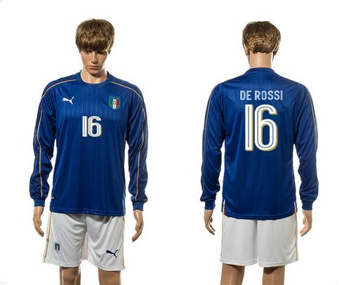 Italy #16 De Rossi Blue Home Long Sleeves Soccer Country Jersey