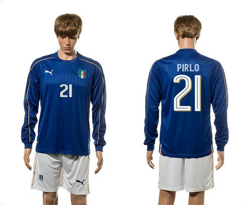 Italy #21 Pirlo Blue Home Long Sleeves Soccer Country Jersey
