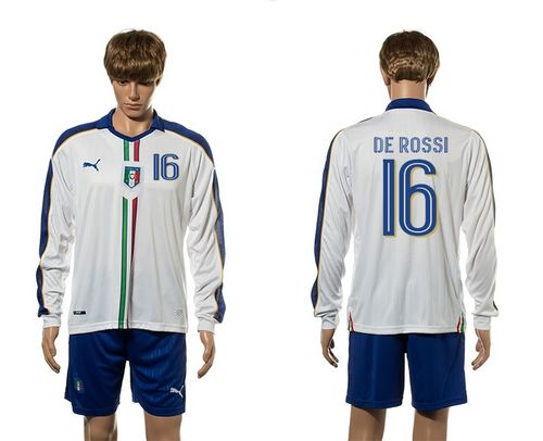 Italy #16 De Rossi White Away Long Sleeves Soccer Country Jersey
