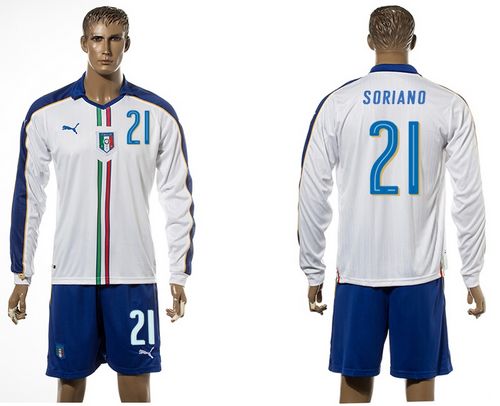 Italy #21 Soriano White Away Long Sleeves Soccer Country Jersey