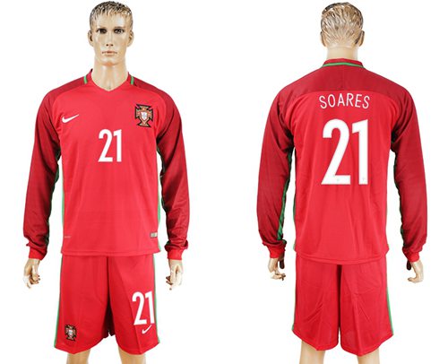 Portugal #21 Soares Home Long Sleeves Soccer Country Jersey