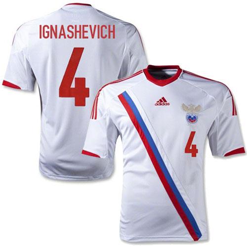 Russia #4 Ignashevich White Away Soccer Country Jersey