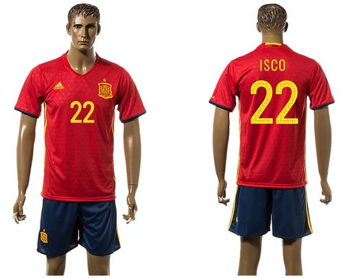 Spain #22 Isco Red Home(Dark Blue Shorts) Soccer Country Jersey