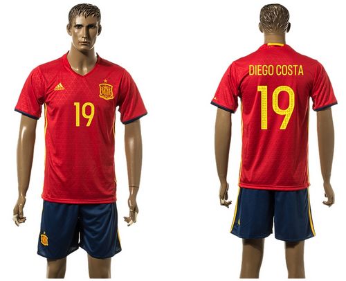 Spain #19 Diego Costa Red Home(Dark Blue Shorts) Soccer Country Jersey