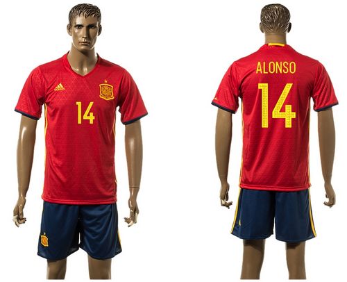Spain #14 Alonso Red Home(Dark Blue Shorts) Soccer Country Jersey