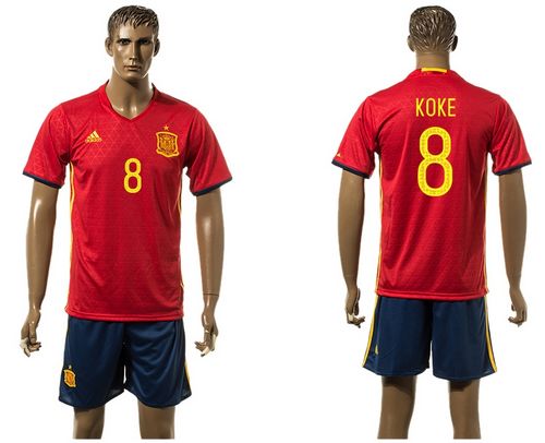 Spain #8 Koke Red Home(Dark Blue Shorts) Soccer Country Jersey
