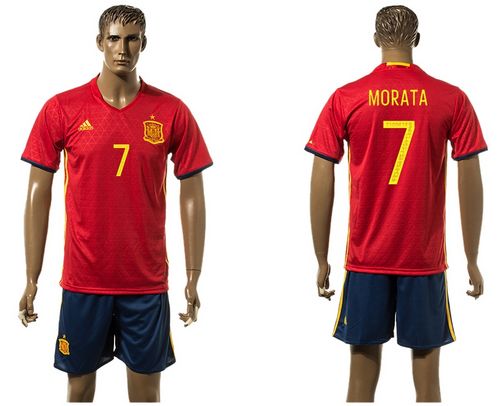 Spain #7 Morata Red Home(Dark Blue Shorts) Soccer Country Jersey