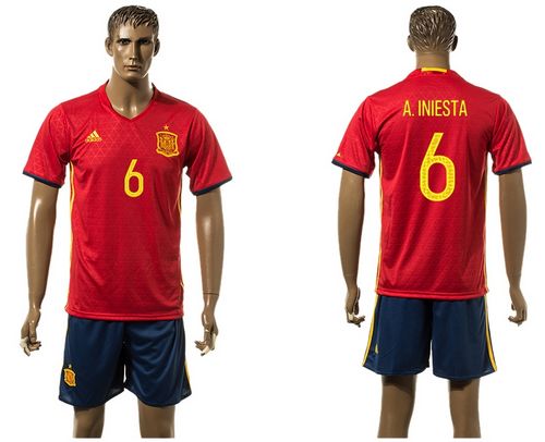 Spain #6 A.Iniesta Red Home(Dark Blue Shorts) Soccer Country Jersey