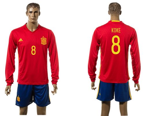 Spain #8 Koke Red Home Long Sleeves Soccer Country Jersey