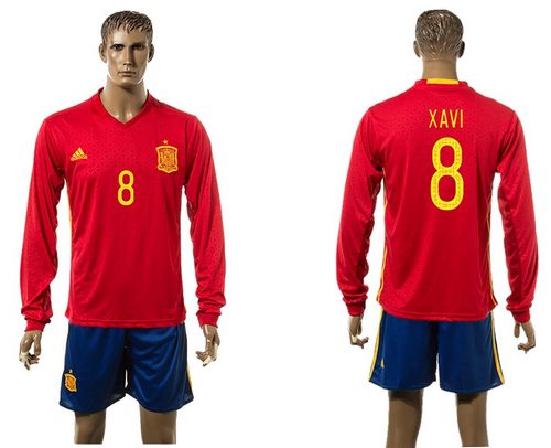 Spain #8 Xavi Red Home Long Sleeves Soccer Country Jersey