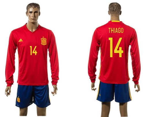 Spain #14 Thiago Red Home Long Sleeves Soccer Country Jersey