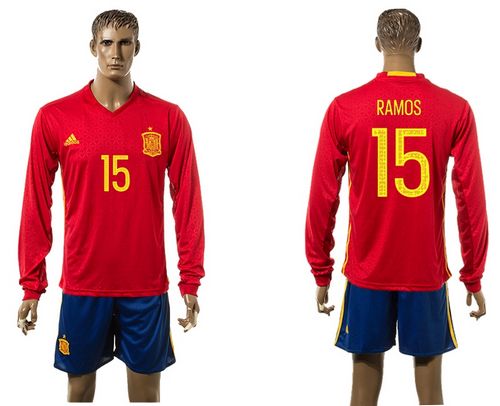 Spain #15 Ramos Red Home Long Sleeves Soccer Country Jersey