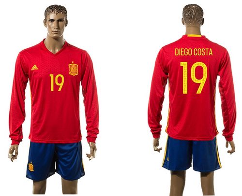 Spain #19 Diego Costa Red Home Long Sleeves Soccer Country Jersey