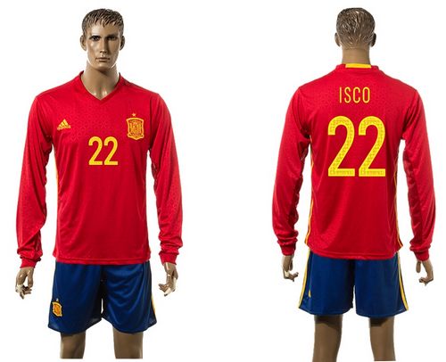 Spain #22 Isco Red Home Long Sleeves Soccer Country Jersey