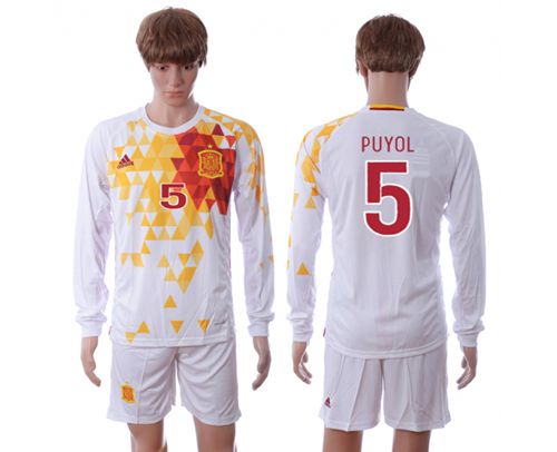Spain #5 Puyol White Away Long Sleeves Soccer Country Jersey