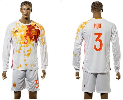 Spain #3 Pique White Away Long Sleeves Soccer Country Jersey