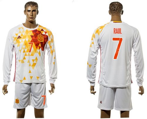 Spain #7 Raul White Away Long Sleeves Soccer Country Jersey