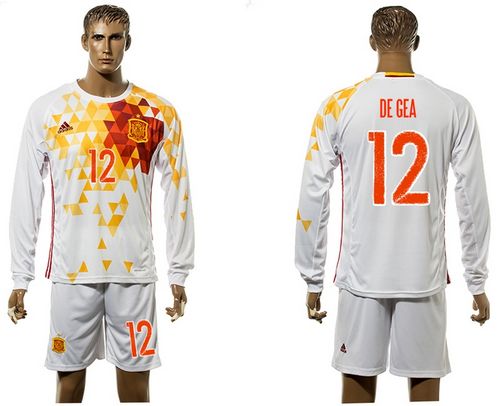 Spain #12 De Gea White Away Long Sleeves Soccer Country Jersey
