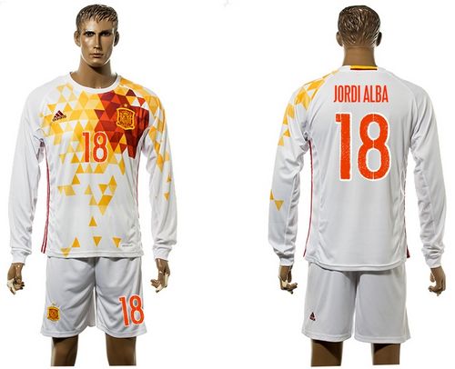 Spain #18 Jordi Alba White Away Long Sleeves Soccer Country Jersey