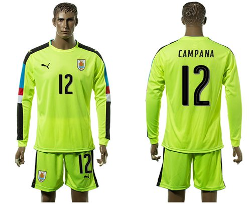 Uruguay #12 Campana Shiny Green Long Sleeves Soccer Country Jersey