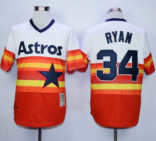 Mitchell and Ness Astros #34 Nolan Ryan White/Orange Stitched Throwback MLB Jersey