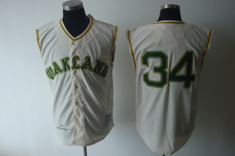 Mitchell And Ness 1968 Athletics #34 Rollie Fingers Cream Cool Base Stitched MLB Jersey