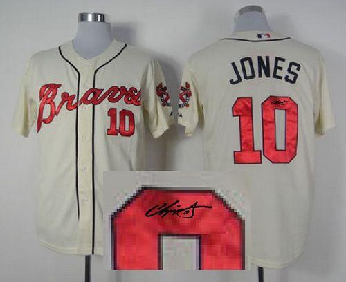 Braves #10 Chipper Jones Cream Cool Base Autographed Stitched MLB Jersey
