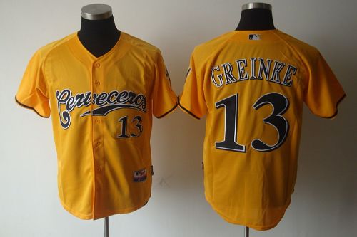 Brewers #13 Zack Greinke Yellow Cerveceros Cool Base Stitched MLB Jersey