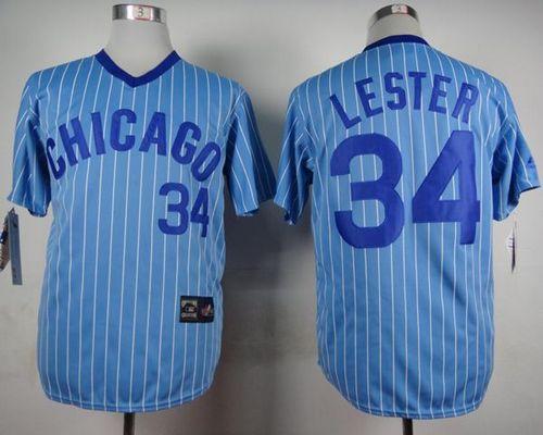 Cubs #34 Jon Lester Blue(White Strip) Cooperstown Throwback Stitched MLB Jersey