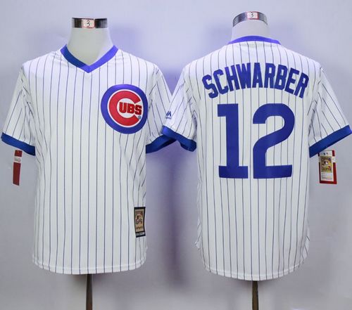 Cubs #12 Kyle Schwarber White Strip Home Cooperstown Stitched MLB Jersey