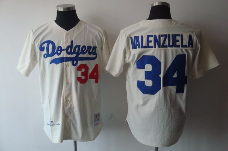 Mitchell and Ness Dodgers #34 Fernando Valenzuela Stitched Cream MLB Jersey