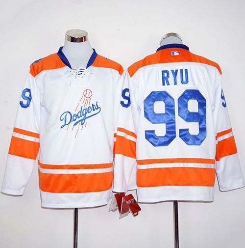 Dodgers #99 Hyun Jin Ryu White/Orange Long Sleeve Stitched MLB Jersey