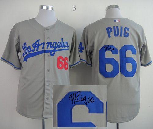 Dodgers #66 Yasiel Puig Grey Cool Base Autographed Stitched MLB Jersey