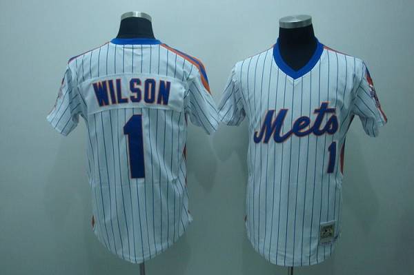 Mitchell and Ness Mets #1 Mookie Wilson Stitched White Blue Strip Throwback MLB Jersey