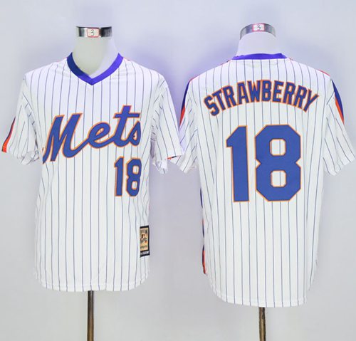 Mitchell and Ness Mets #18 Darryl Strawberry Stitched White Blue Strip Throwback MLB Jersey