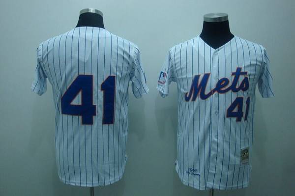 Mitchell and Ness Mets #41 Tom Seaver Stitched White Blue Strip Throwback MLB Jersey