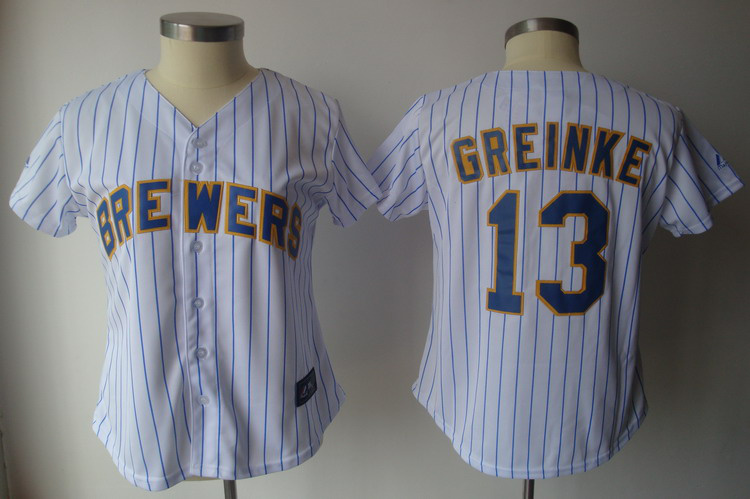 Brewers #13 Zack Greinke White With Blue Strip Lady Fashion Stitched MLB Jersey