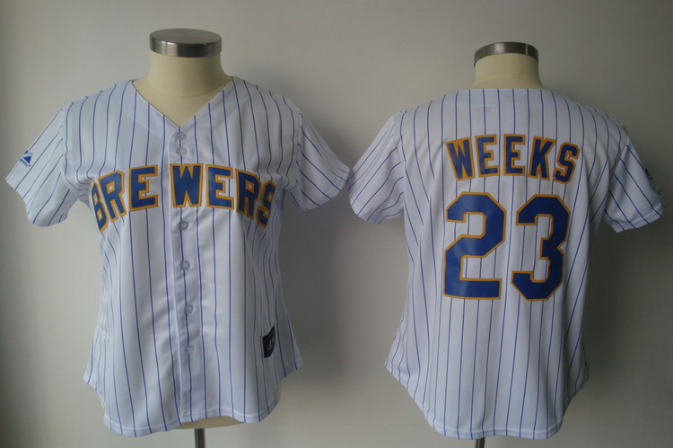 Brewers #23 Rickie Weeks White Blue Strip Women's Fashion Stitched MLB Jersey