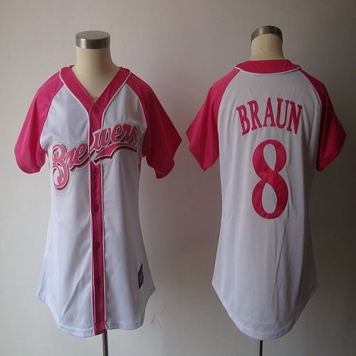 Brewers #8 Ryan Braun White/Pink Women's Splash Fashion Stitched MLB Jersey