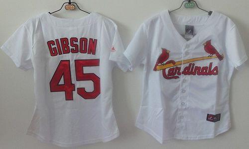 Cardinals #45 Bob Gibson White Women's Home Stitched MLB Jersey